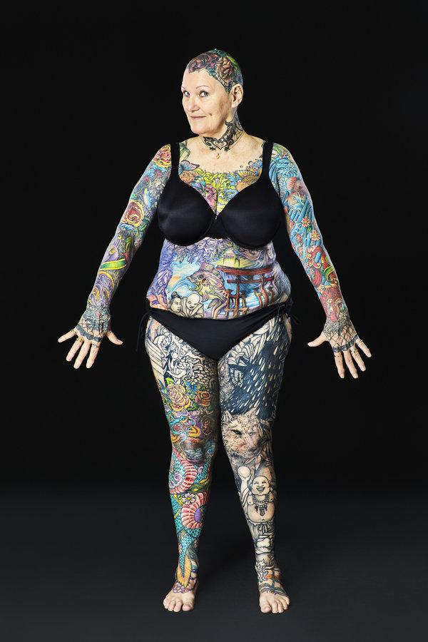 Charlotte Guttenberg - Most tattooed senior citizen (female) Guinness World Records 2016 Photo Credit: Al Diaz/Guinness World Records