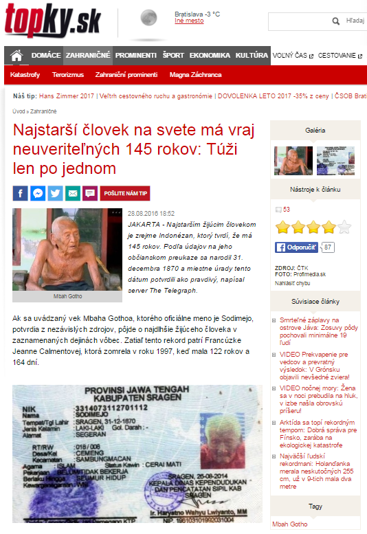 O možnom novodobom rekordérovi sa informovalo aj na slovenských stránkach. Zdroj: topky.sk